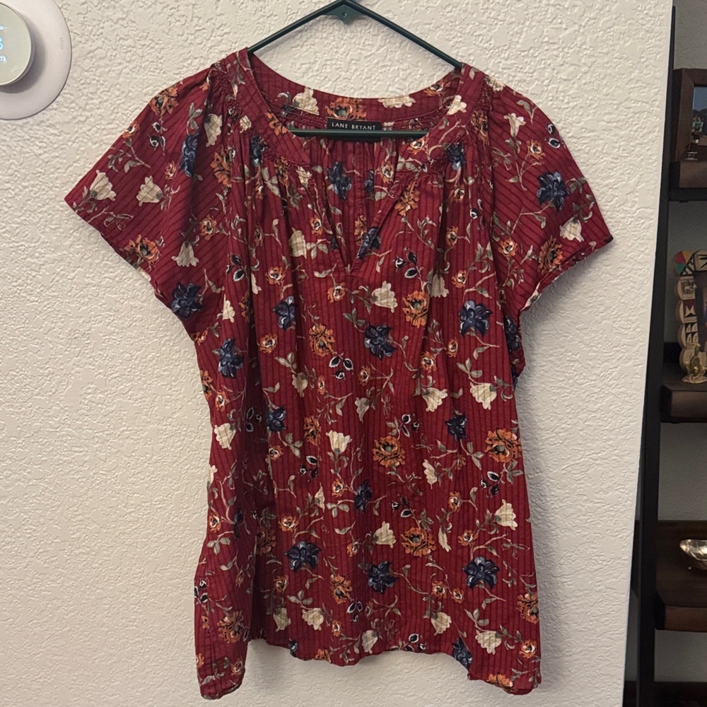 Lane Bryant Burgundy Floral Short Sleeve Blouse